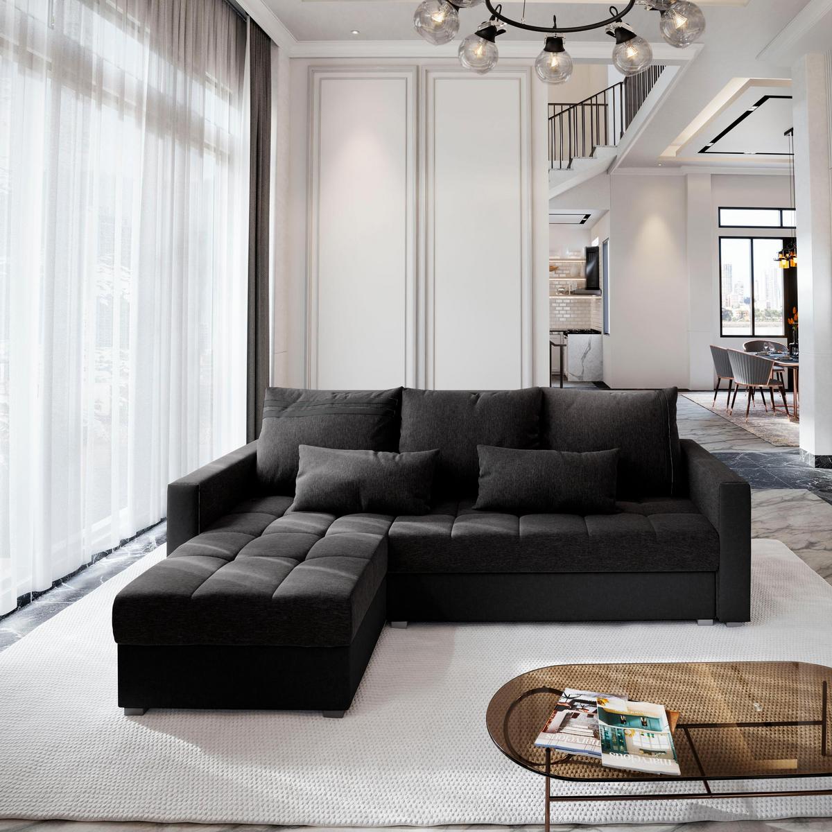 ECKSOFA KOS PIK Grau Dünner Stoff mit Schlaffunktion - Dunkelgrau/Grau, Holz/Kunststoff (220/140cm) - MASSENO
