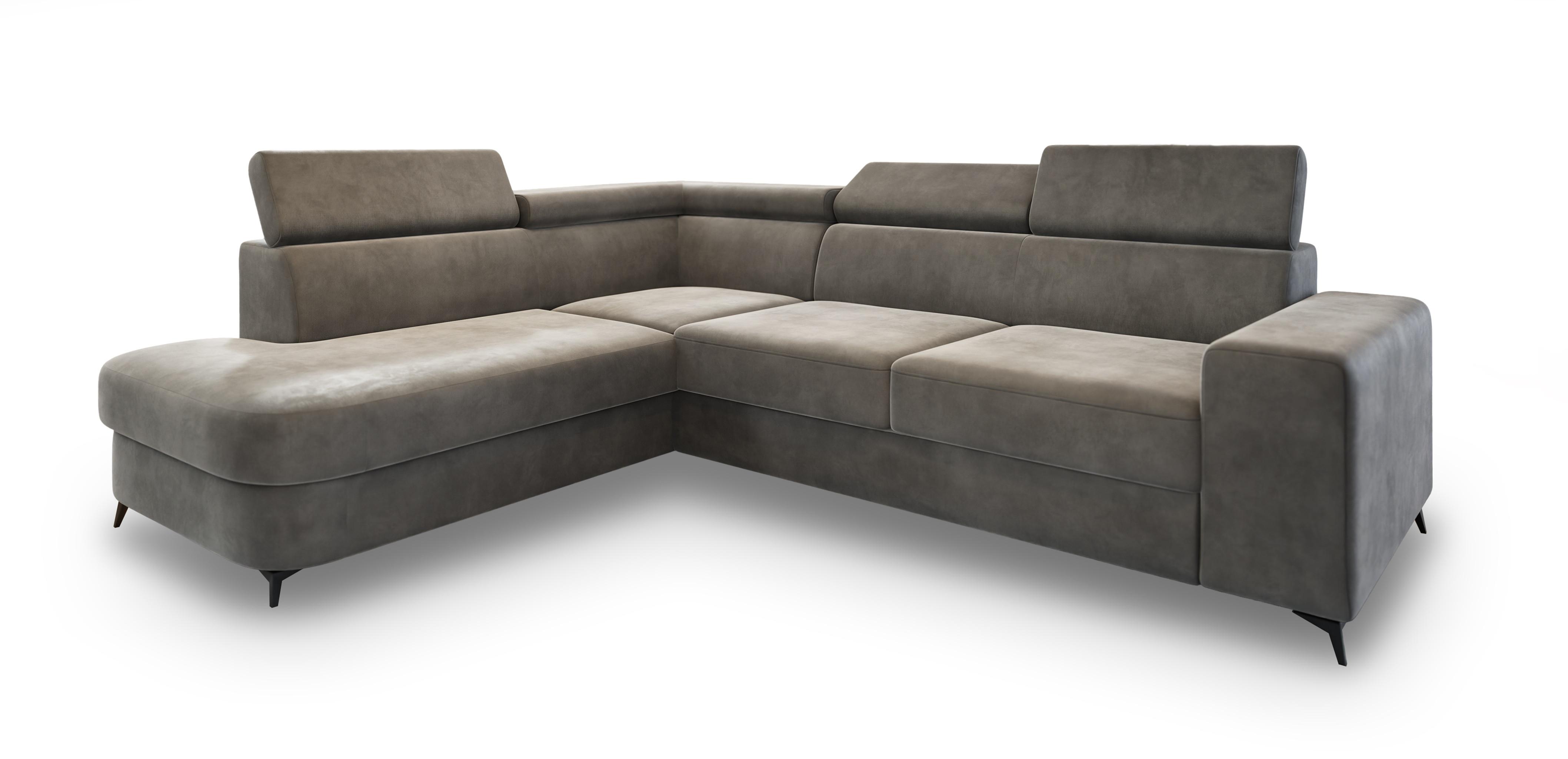 ECKSOFA ALVORO L-S Grau Velours-Stoff mit Schlaffunktion - Grau, Holz (253/190cm) - MASSENO