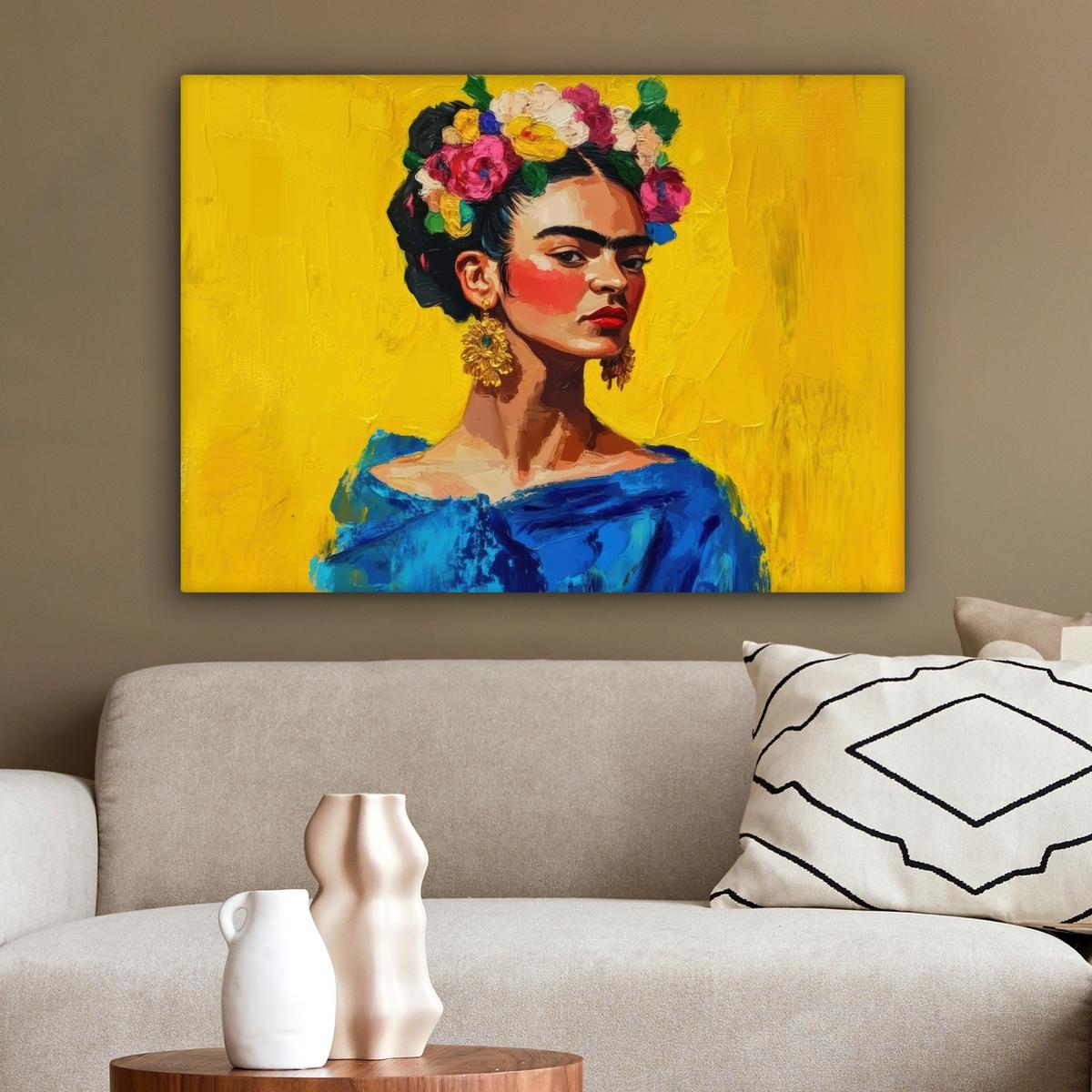 LEINWANDBILD Frida Kahlo - Frau - Gelb - Blau - Blumen Wandbilder 80x60 cm - Gelb, Textil (80/60cm) - MuchoWow