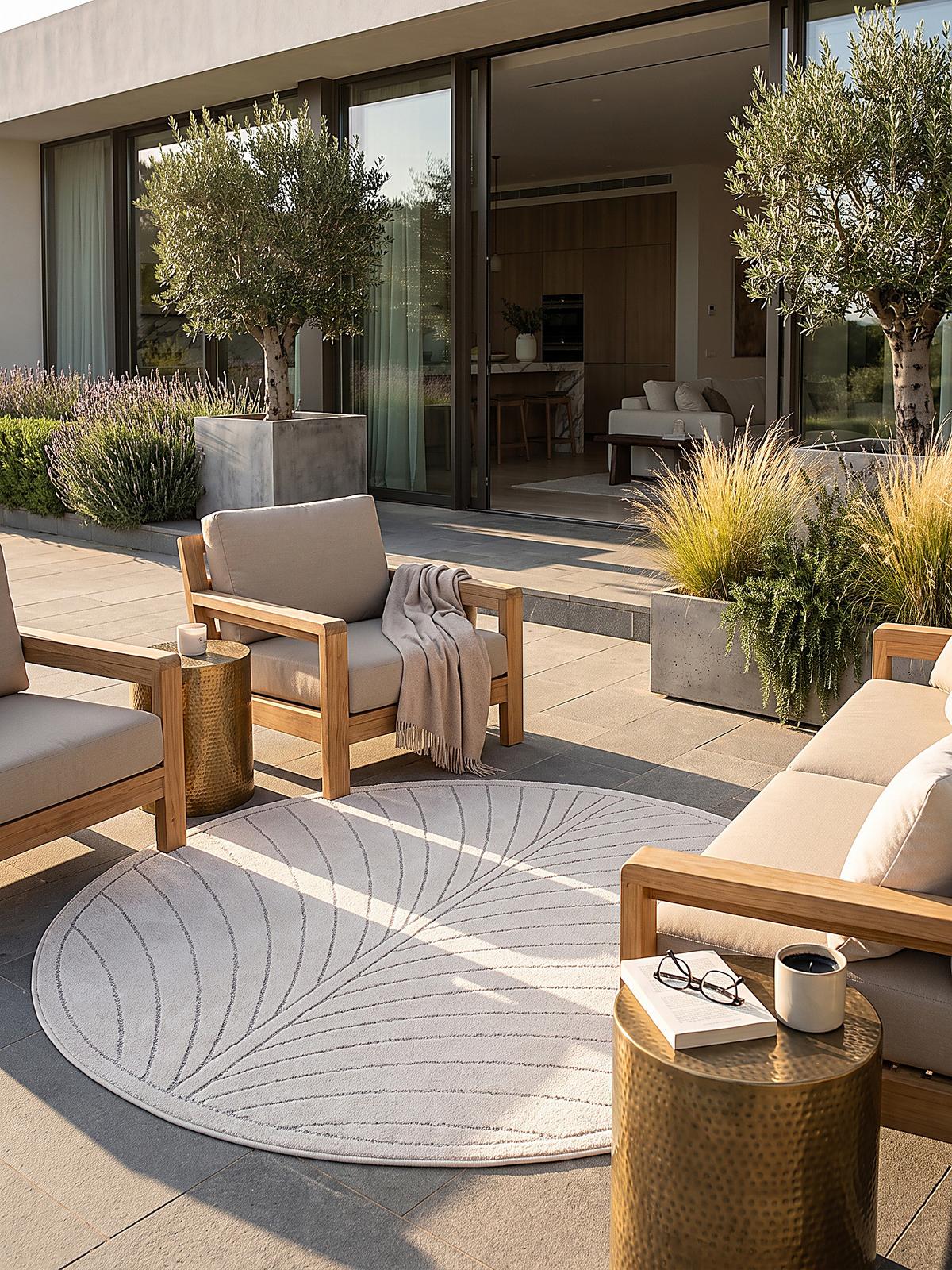 TEPPICH Outdoor, Fußbodenheizung-geeignet, mit Blattmotiv, aus Polypropylen, ENGADIN in Creme, Ø 200 cm - Beige, Textil (200/200cm) - KADIMA DESIGN