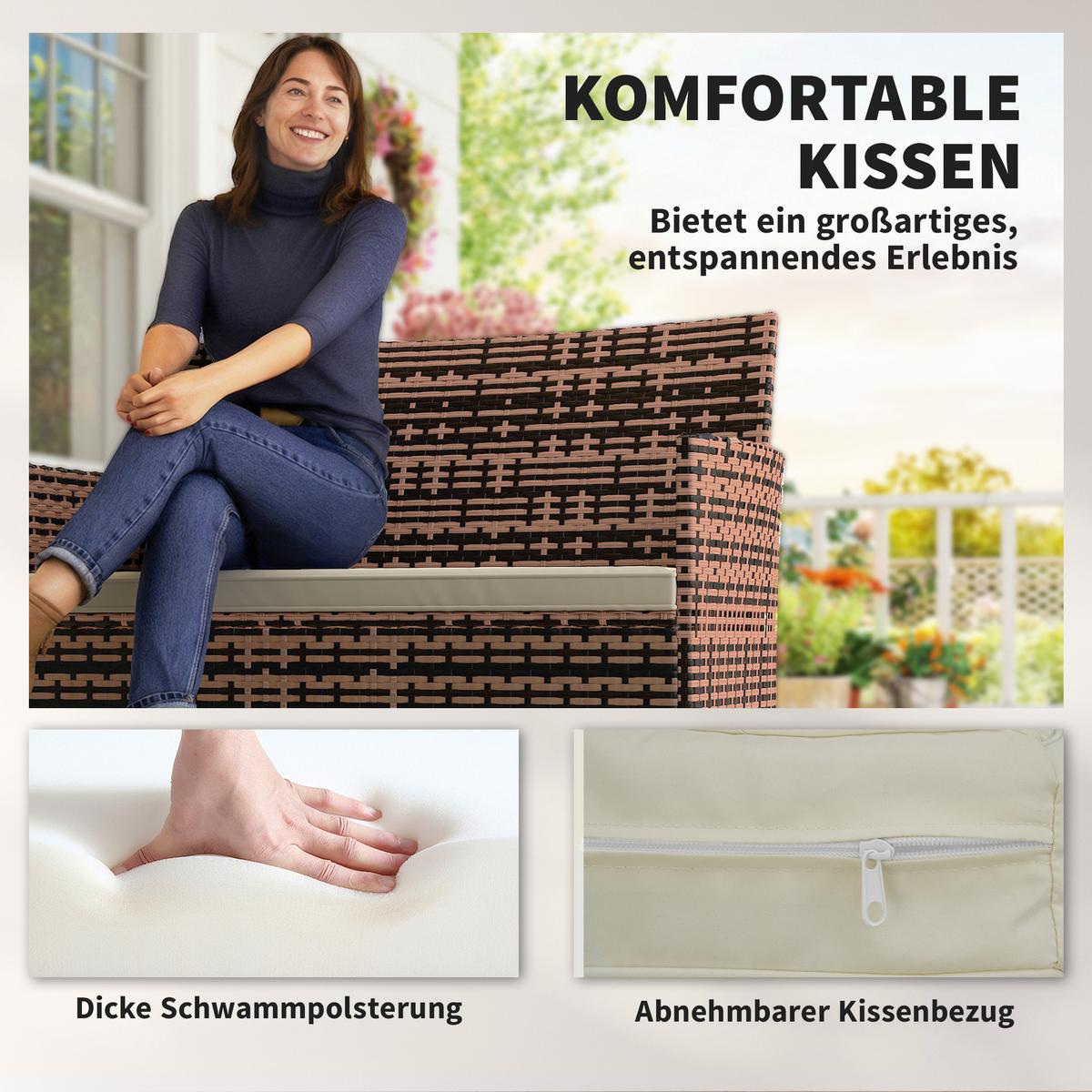 GARTENBANK aus PE-Rattan mit Auflage, Khaki - Beige/Braun, Textil/Metall (63/85/115cm) - Outsunny