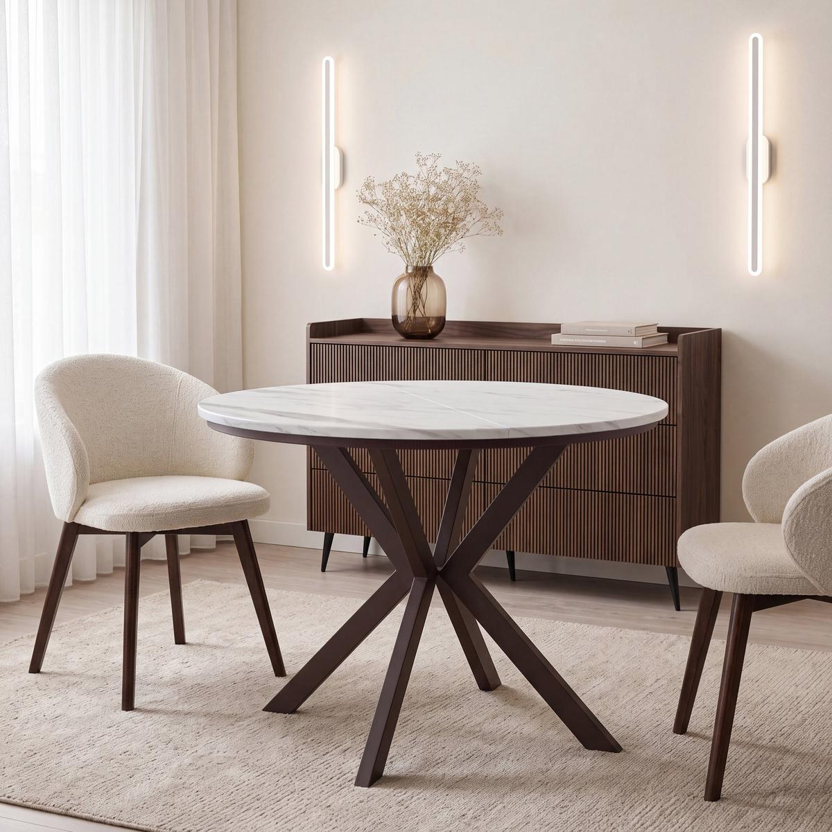 ESSTISCH Valio rund oval ausziehbar verlängerbar mit braunen Metallbeinen, Marmor Weiß 100-140/100/76 cm - Ecru/Braun, Holzwerkstoff/Metall (100/140/76cm) - WFL GROUP