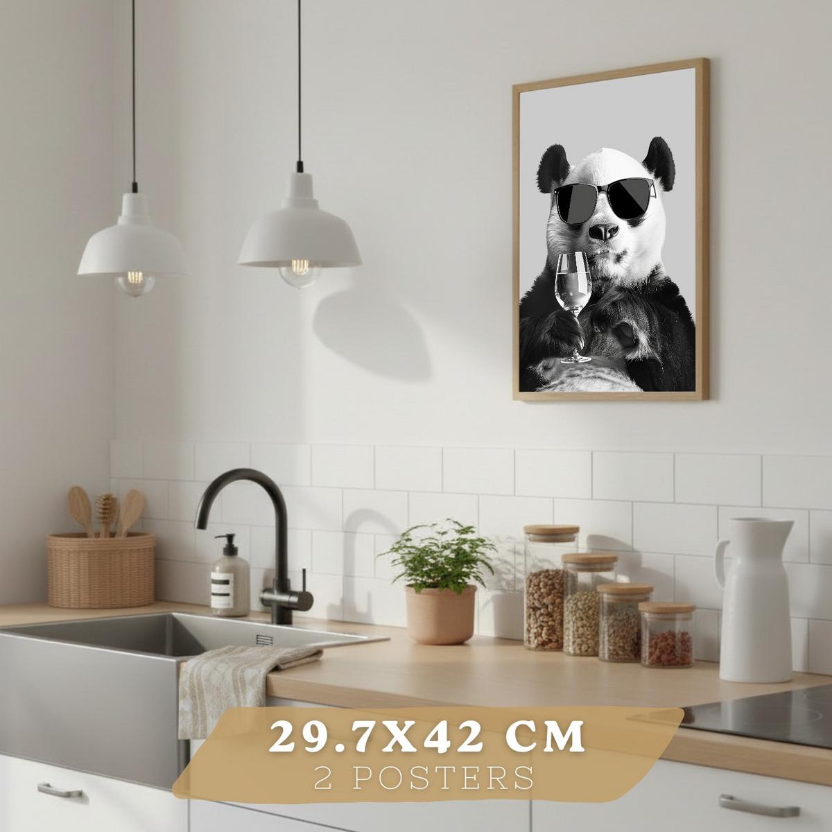 POSTER 2er Set Lustige Panda-Wandbilder Schwarz Weiß Tier Weinglas und Kaffeetasse Küche Wanddeko Rahmenlos A3 - Beige, Papier (29.7/1/42cm) - Nacnic