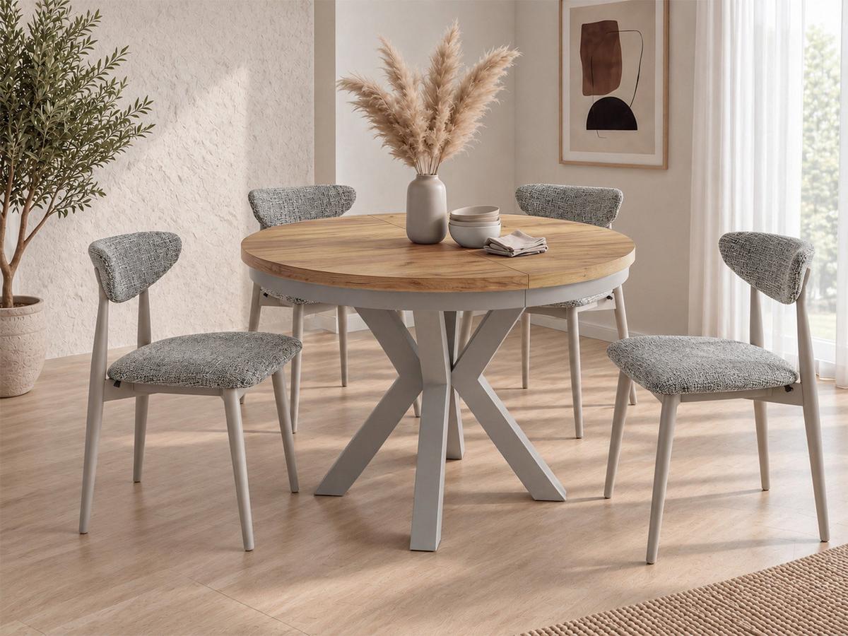 ESSTISCH Clara Grau-Beige runder ausziehbarer, Craft Eiche 120-200/120/76 cm - Eiche Wotan/Grau, Holzwerkstoff/Metall (120/196/76cm) - WFL GROUP