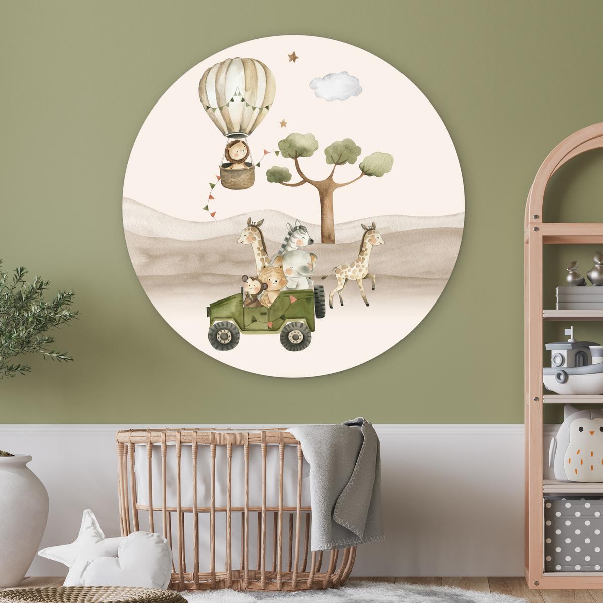 WANDBILD Wilde Tiere - Safari - Aquarell - Heißluftballon Room Decor 140x140 cm - Beige, Kunststoff (140/140cm) - MuchoWow