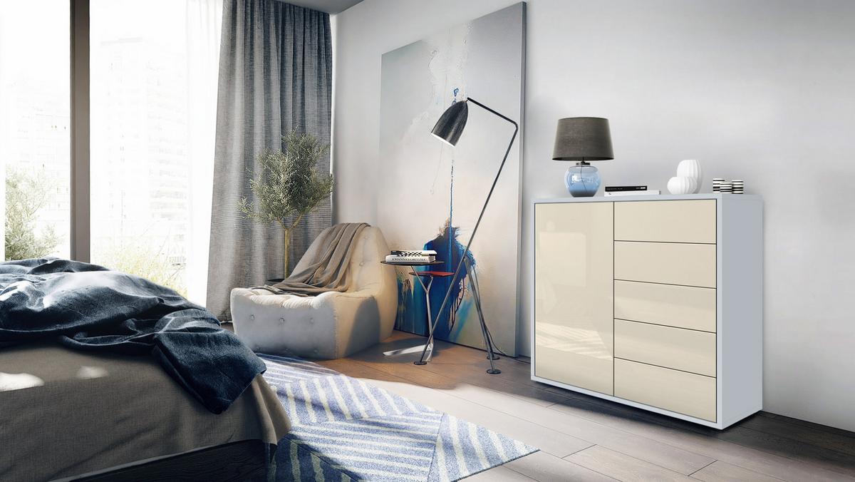 KOMMODE Ben Front in Creme Hochglanz - Creme, Holzwerkstoff (79/74/36cm) - Vladon