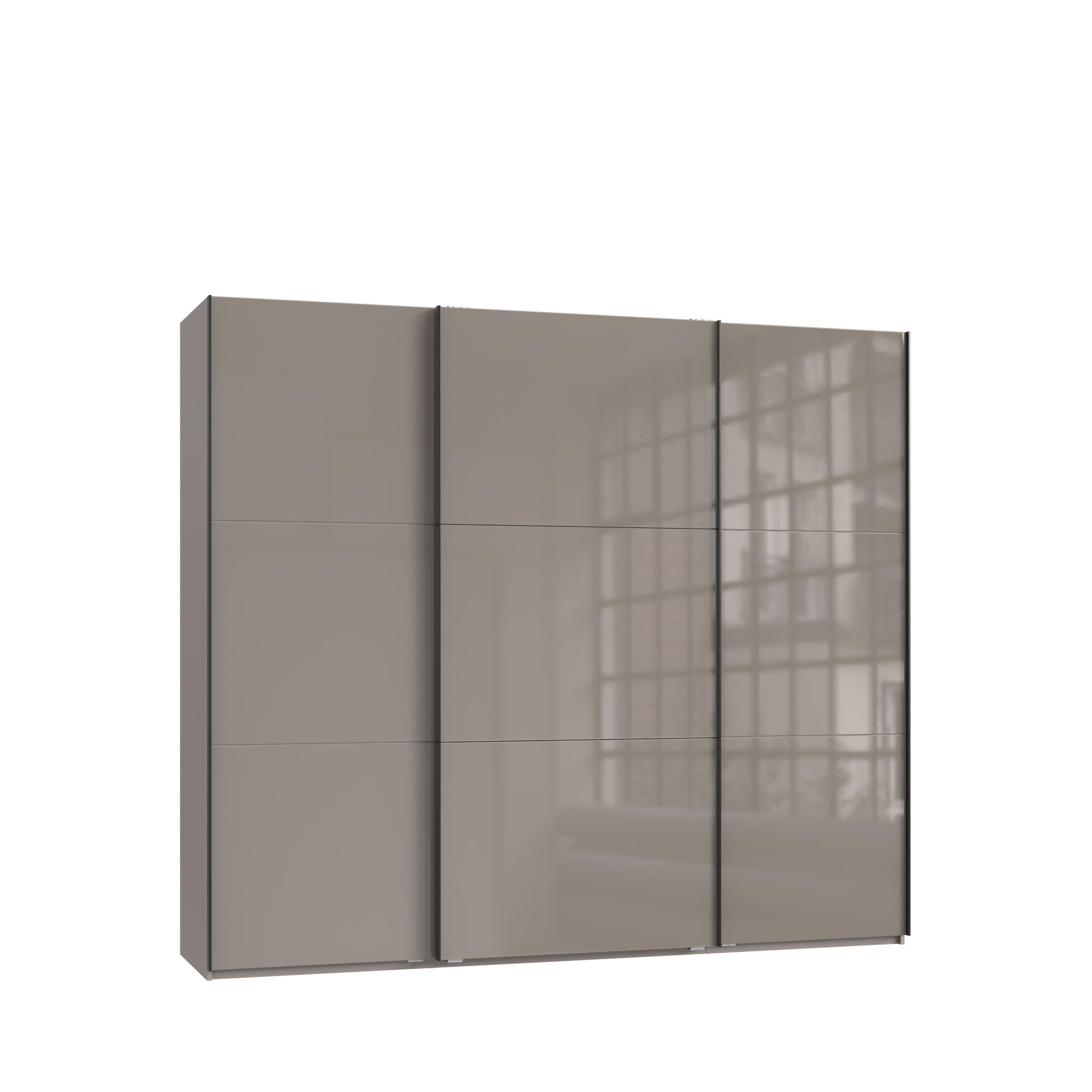 SCHWEBETÜRENSCHRANK 3-türig B250/H216/T65 cm in Sandgrau mit Glasfront, Kleiderschrank inkl. Vollausstattung / 22031 - Sandfarben/Eichefarben, Holzwerkstoff/Metall (250/216/65cm) - luma-home