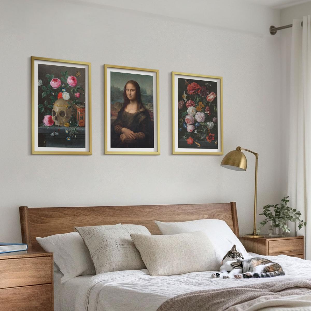 BILDER SET 3er Set - 40x60 cm Goldrahmen - Blumenschädel-Porträt Mona Lisa - Goldfarben, Kunststoff (40/60cm) - TULUP