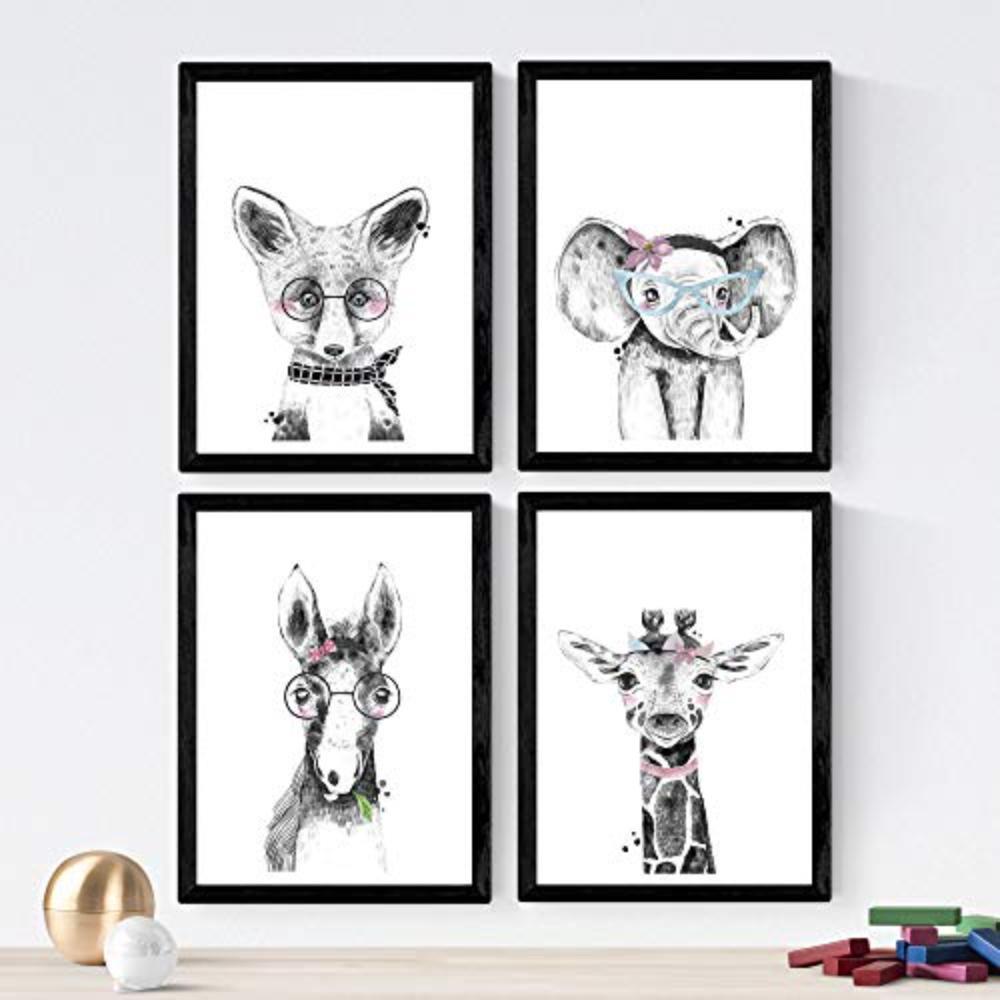 POSTER Set mit 4 „Tieren mit Schwarz und Blau Brille“ A4 Schwarzer Rahmen - Schwarz, Papier (29.7/3cm) - Nacnic