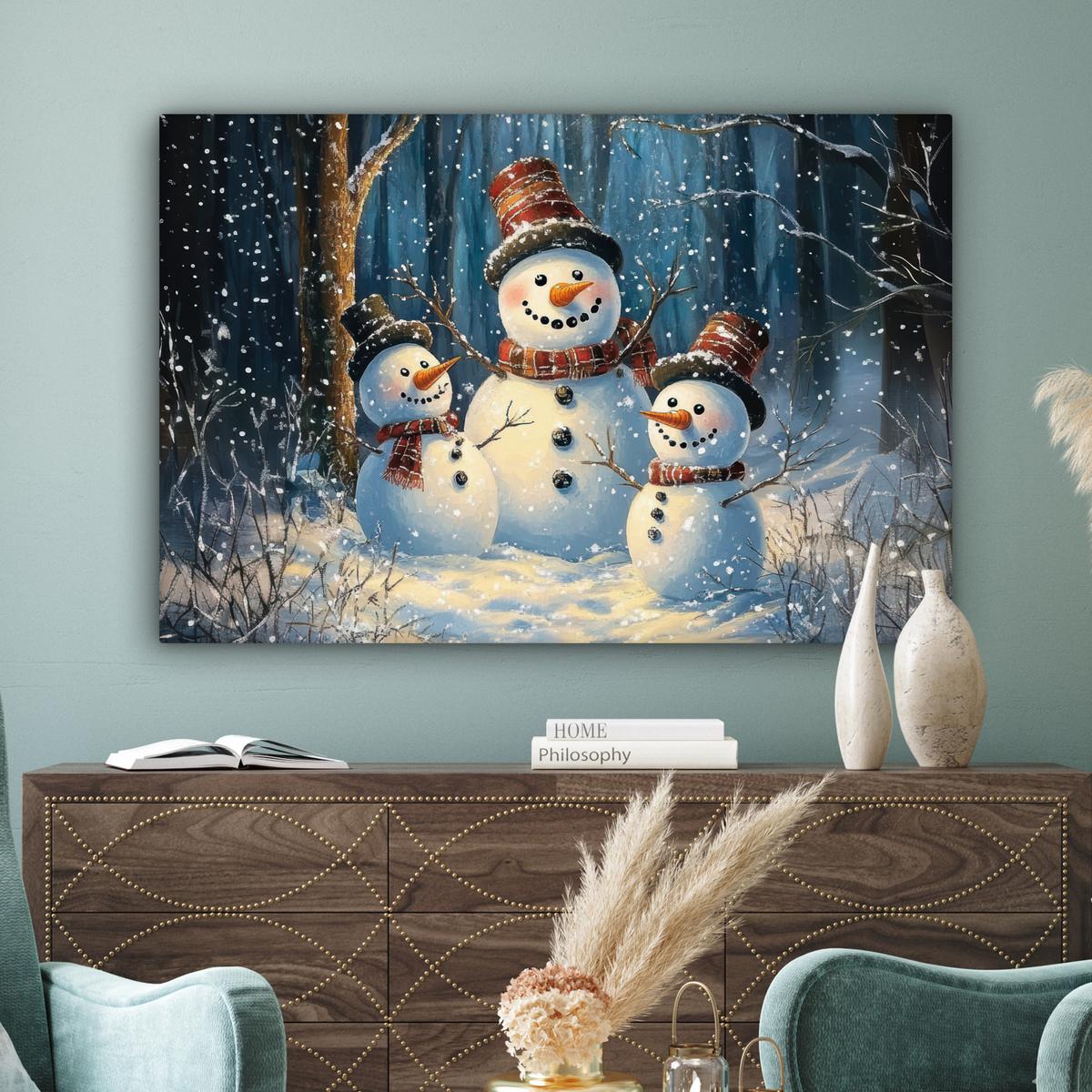 LEINWANDBILD Schneemann - Schnee - Winter - Wald Groß 140x90 cm - Hellblau, Textil (140/90cm) - MuchoWow