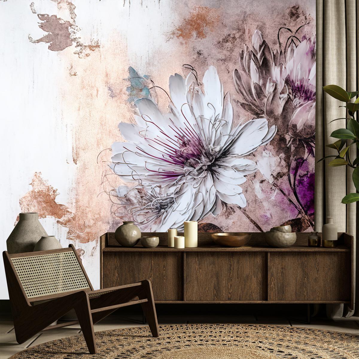 FOTOTAPETE für Wohnzimmer Blumen Blätter Abstraktion 350x256 - Beige/Violett, Papier (350/256cm) - Muralo