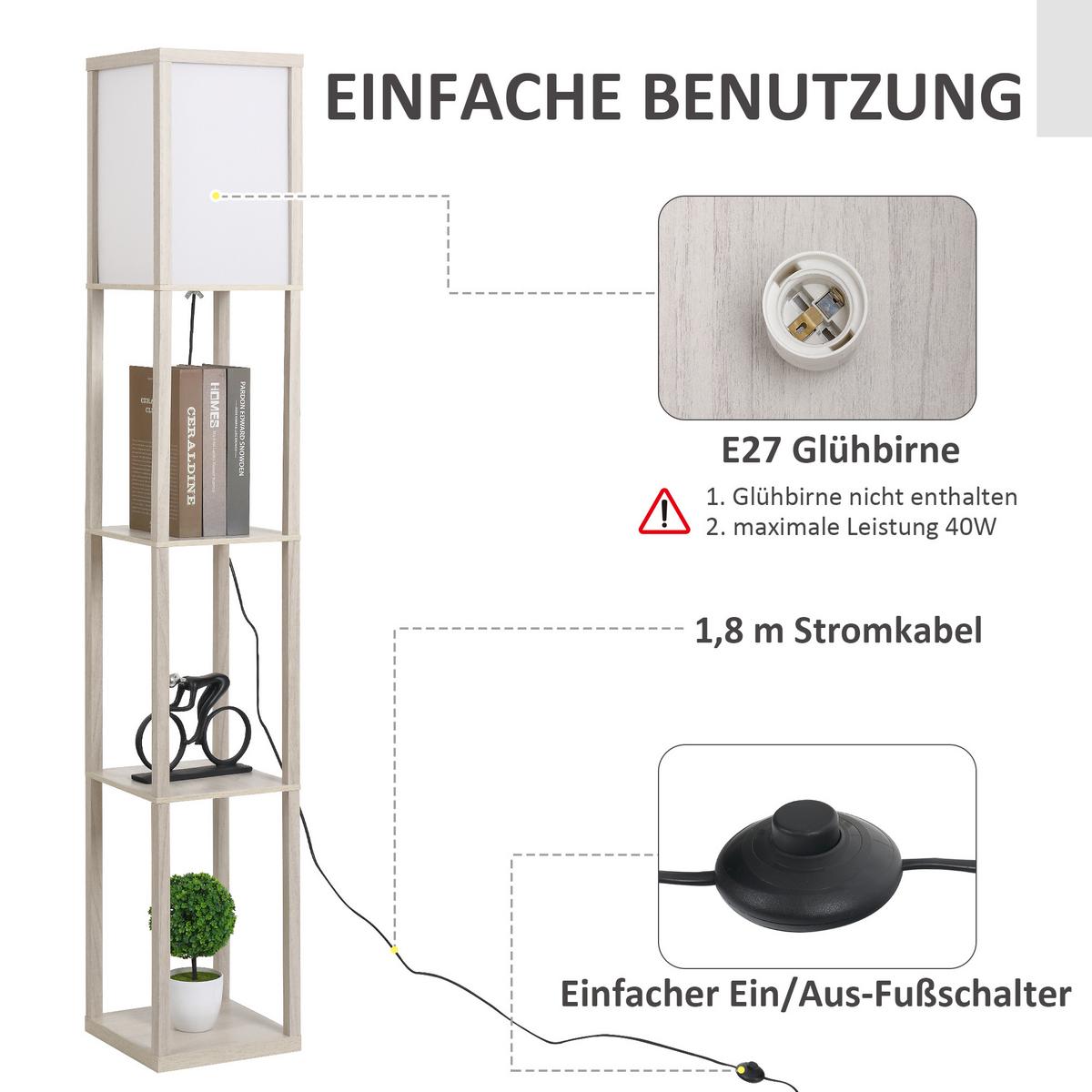 STEHLEUCHTE Beleuchtung mit 3 Regalen E27 bis 40W E1-MDF Eiche+Weiß - Eichefarben, Textil (26/26/160cm) - HOMCOM