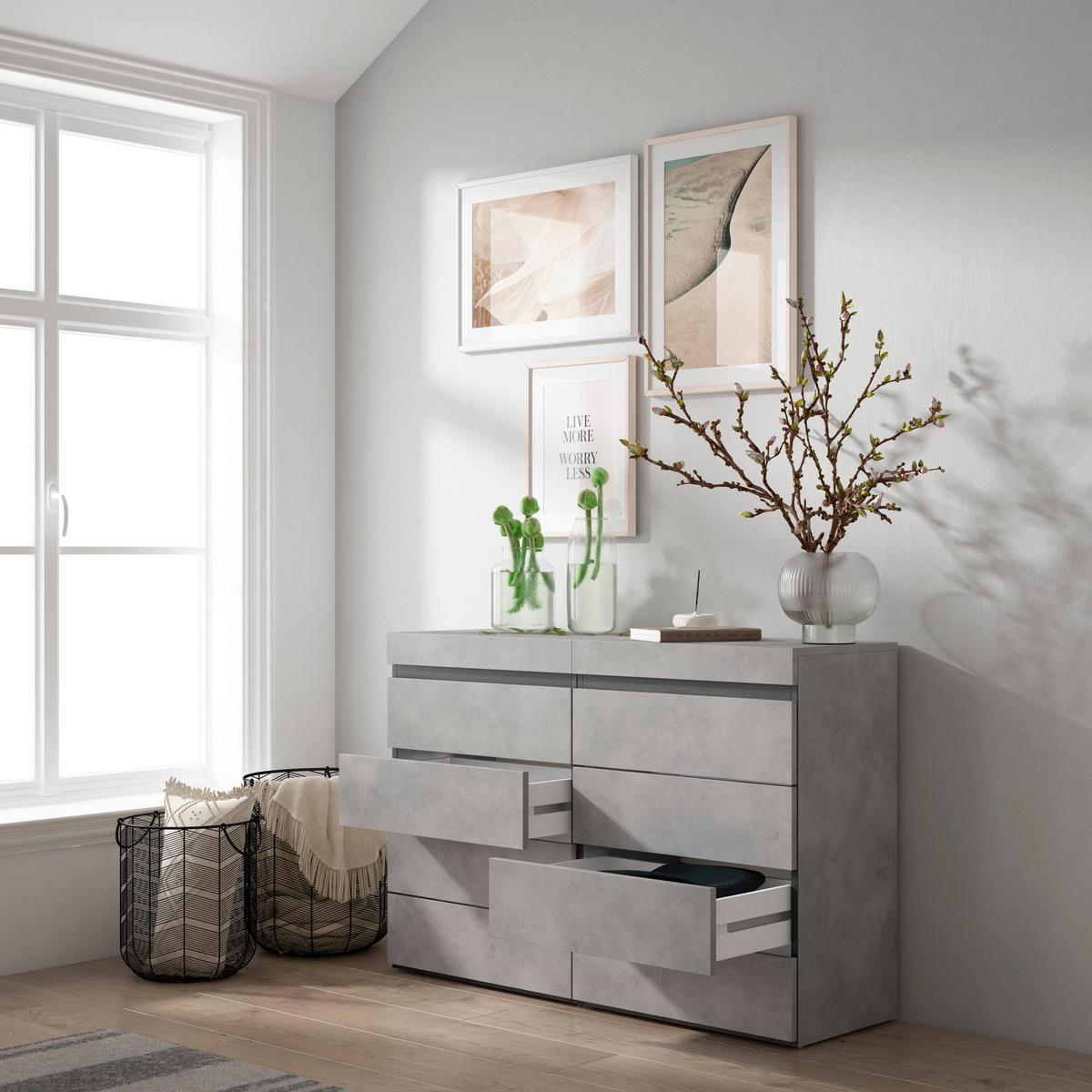 KOMMODE mit Schubladen, Sideboard Schrank, zementgrau, 114/35/75cm - Grau, Holzwerkstoff (114/75/35cm) - Skraut Home