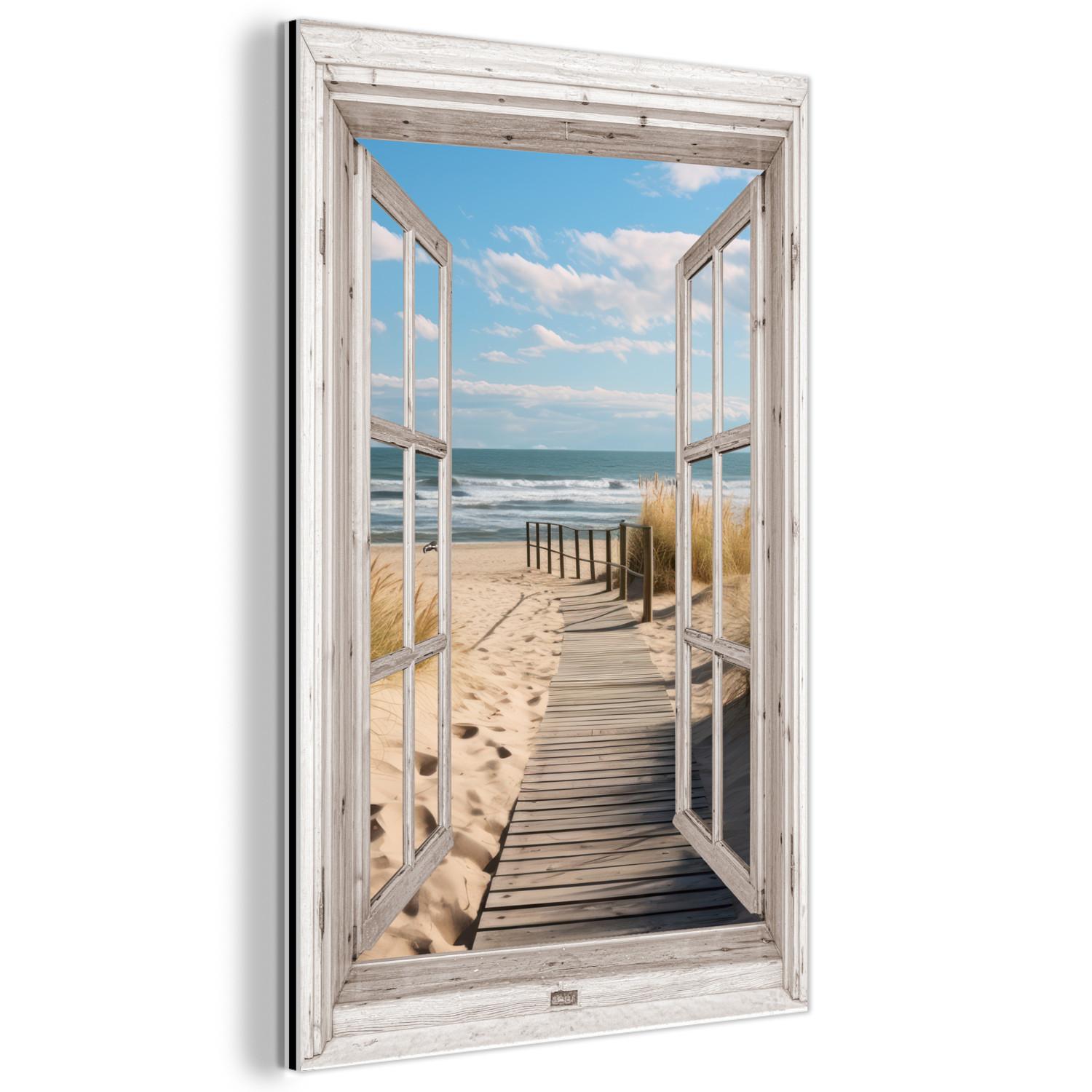 METALLBILD Fenster - Meer - Küste - Natur - Ausblick - Strand - Wattenmeer Deko Schlafzimmer 40x60 cm - Beige, Metall (40/60cm) - MuchoWow