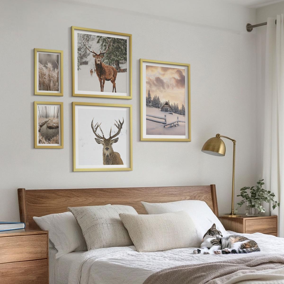 BILDER SET 5er Set - 50x50 cm & 20x30 cm & 40x60 cm Goldrahmen - Winterlandschaft mit Hirschen - Goldfarben, Kunststoff (40/60cm) - TULUP