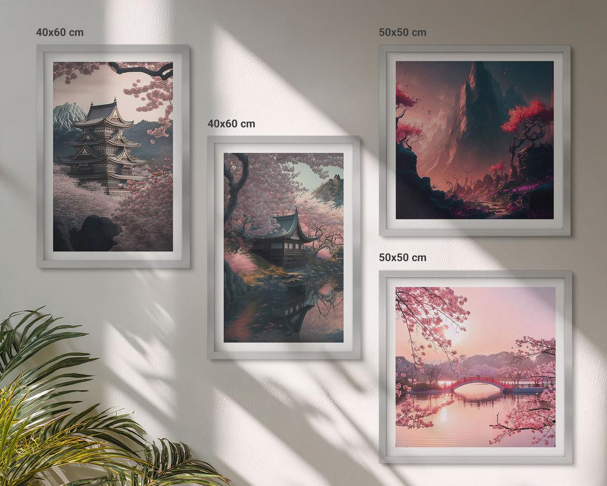 BILDER SET 4er Set - 50x50 cm & 40x60 cm Silberner Rahmen - Fantasielandschaften Japans - Silberfarben, Kunststoff (50/50cm) - TULUP