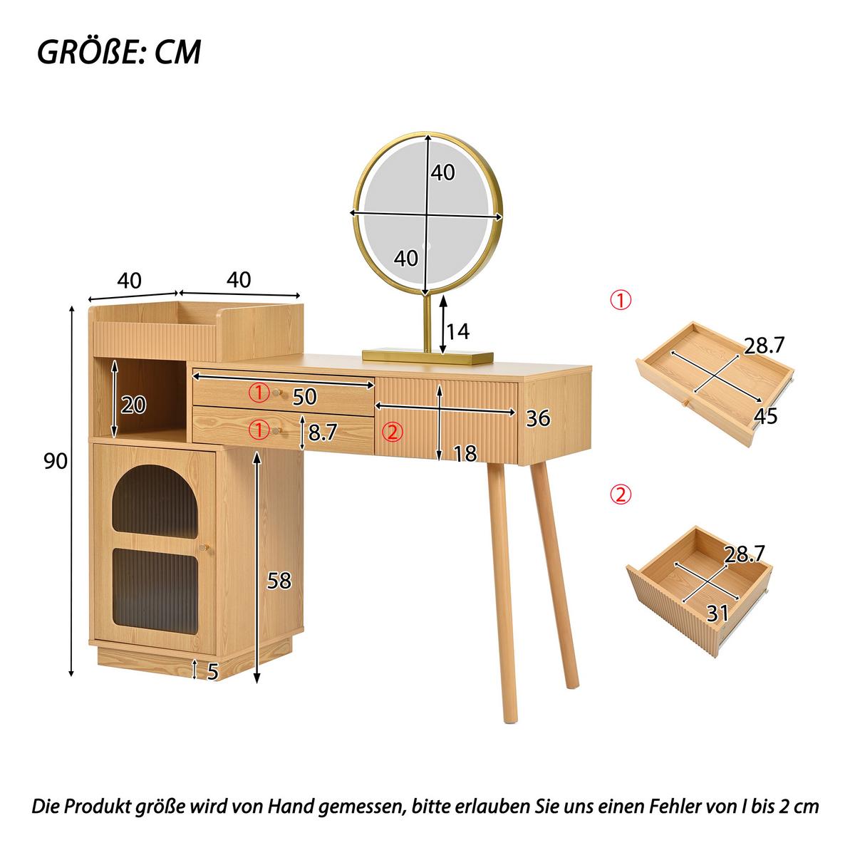 SCHMINKTISCH mit LED-Spiegel – Holzoptik, 3 Schubladen & Seitenschrank - Sonoma Eiche, Holzwerkstoff/Metall (120/90/40cm) - Urban Meuble