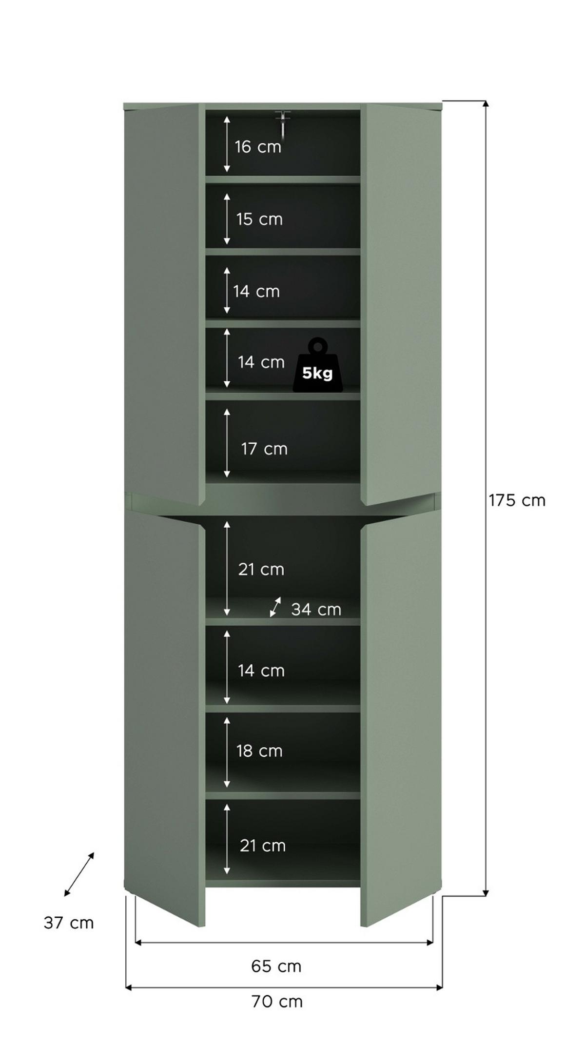 MEHRZWECKSCHRANK grün 70 x 175 cm, Stauraumschrank 4-türig mit 9 Fächern - Schwarz/Grün, Holzwerkstoff/Kunststoff (70/175/37cm) - Inn.Furn