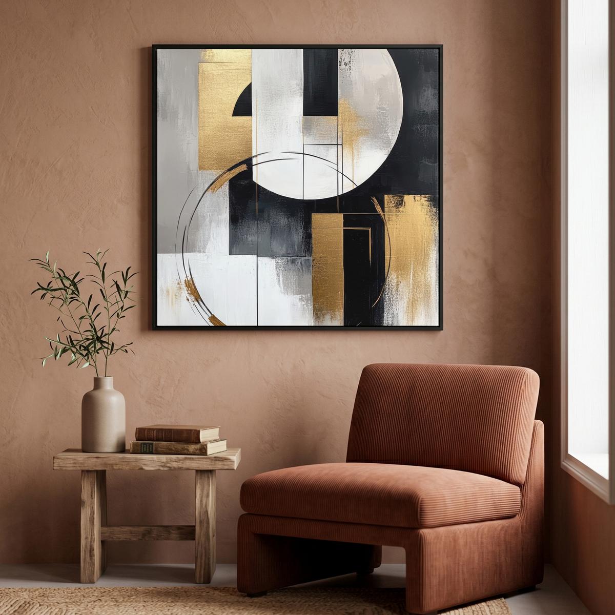 LEINWAND Bilder mit Rahmen - Abstrakt - Gold - Silber - Formen - Ästhetik - 90x90 - Multicolor, Textil (90/90cm) - MuchoWow