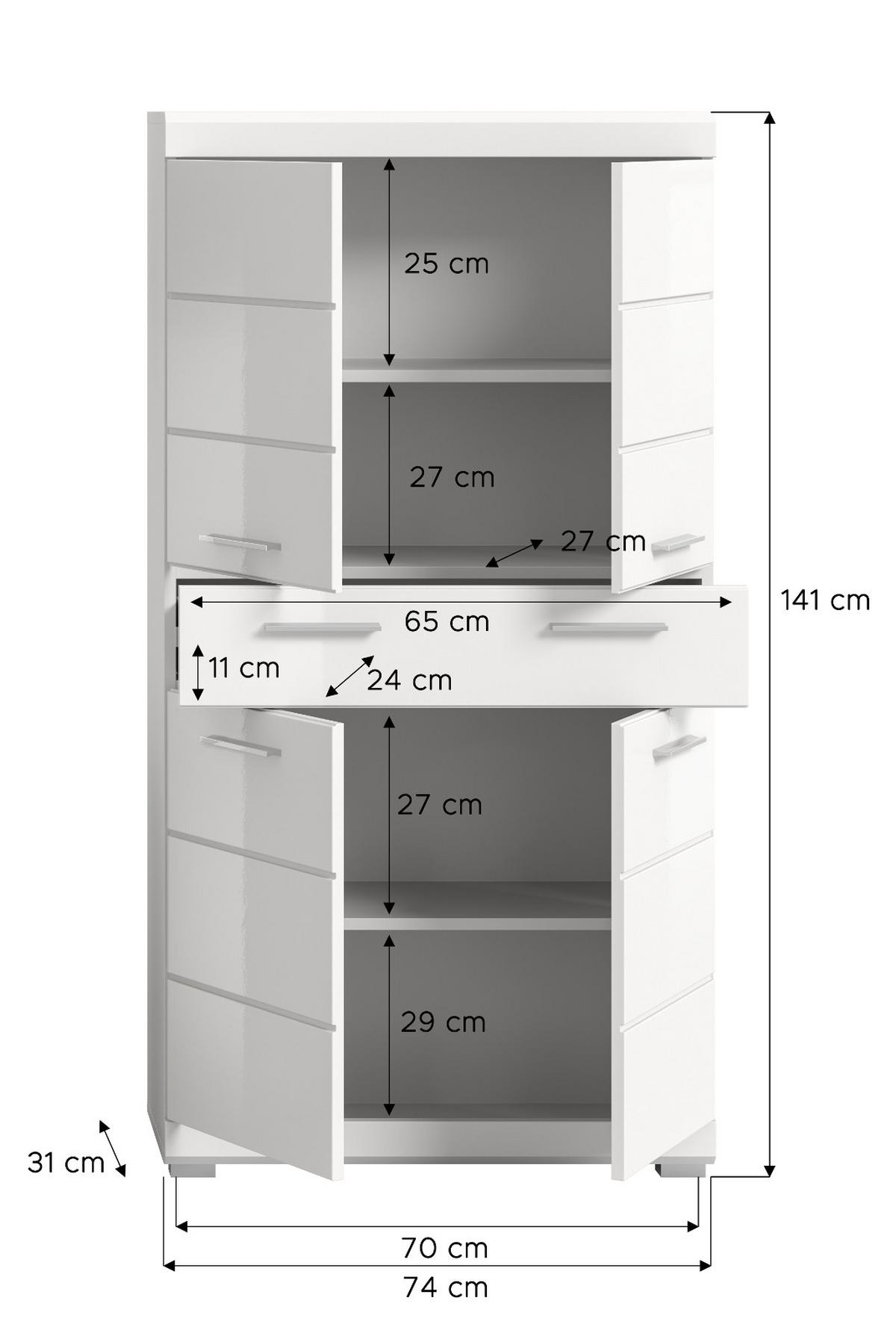 MIDISCHRANK weiß Hochglanz 74 x 141 cm, Badschrank 4-türig - Weiß Hochglanz/Silberfarben, Holzwerkstoff/Kunststoff (74/141/31cm) - Inn.Furn