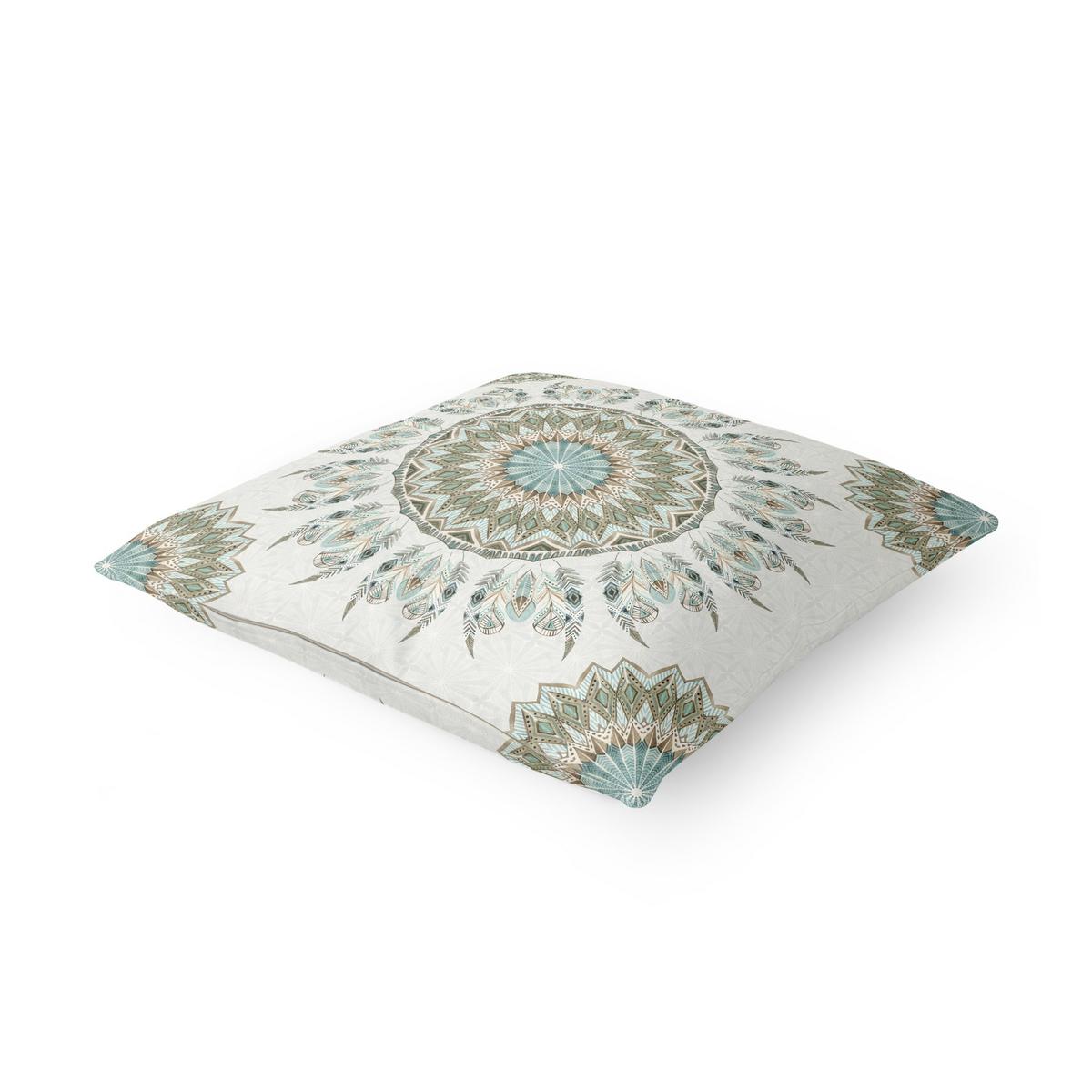 DEKOKISSEN Mandala Aquarell Federn Muster blau grün 50/50 cm - Blau, Textil (50/50/10cm) - Bilderwelten