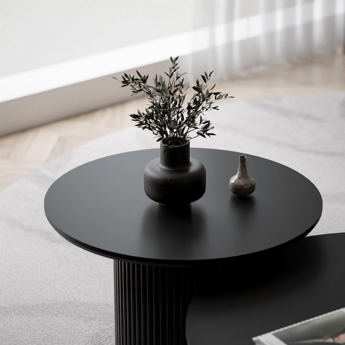 COUCHTISCH-SET OVI mit geriffeltem Sockel - Schwarz, Holzwerkstoff (80/80/42cm) - Lookway