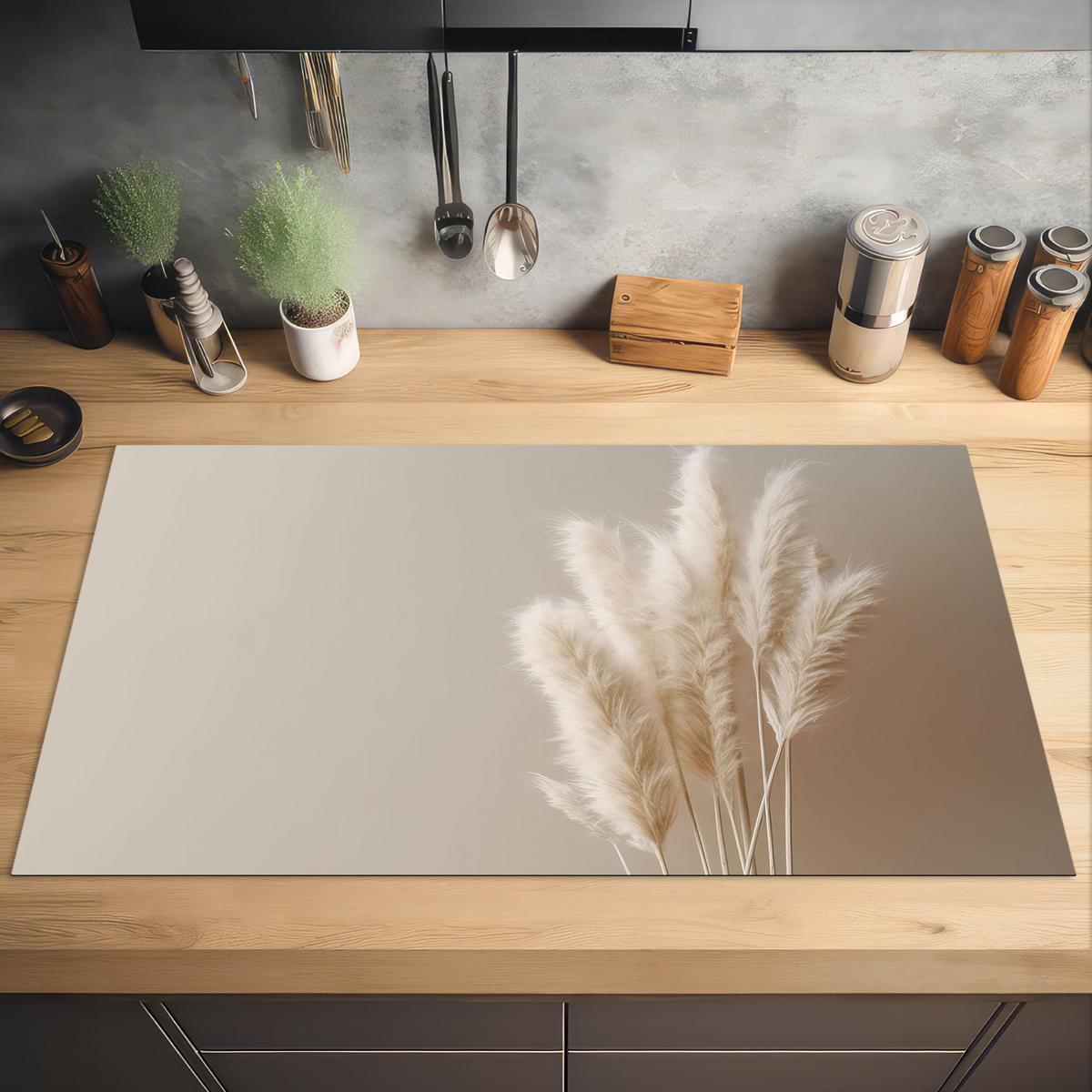 HERDABDECKPLATTE Pampasgras - Federn - Pastell - Weiß Induktionsschutz 91.2x52 cm - Creme, Kunststoff (91.2/52/0.2cm) - MuchoWow