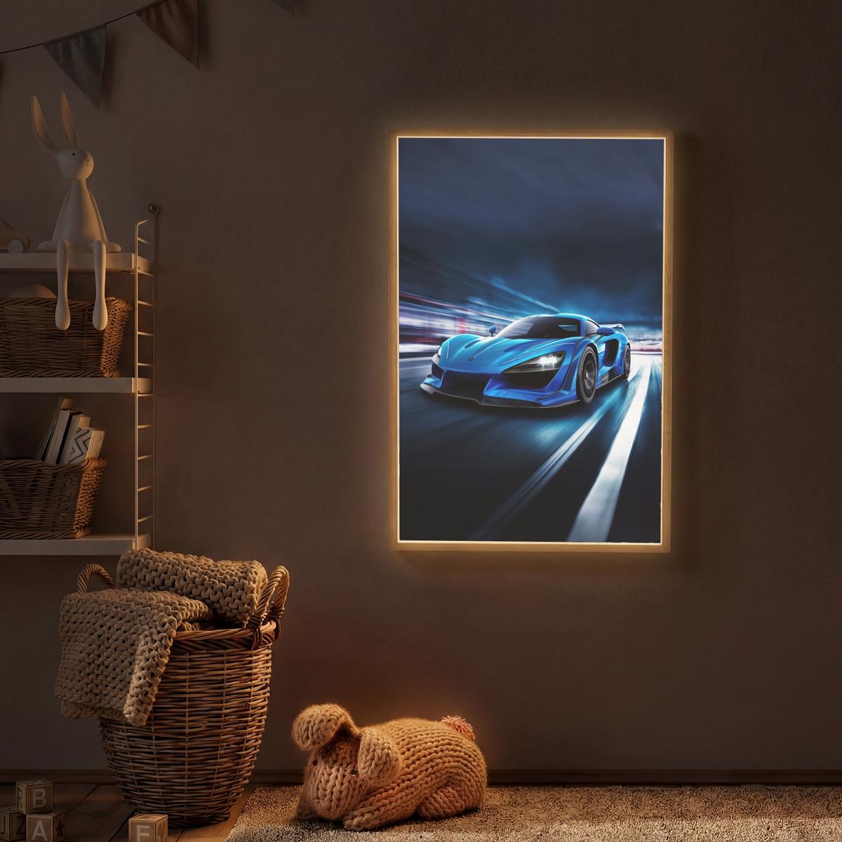 NACHTTISCHLAMPE MIT AKKU Auto - Blau - Jungen - Kind 70x100 cm - Blau, Holzwerkstoff (8/70/100cm) - OnlyWow