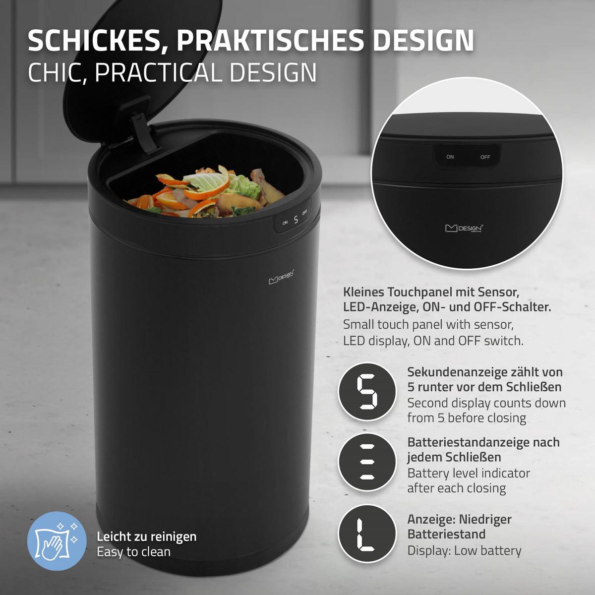 MÜLLEIMER mit Sensor 30L rund aus Stahl Schwarz - Schwarz, Metall (29/52/29cm) - ML-DESIGN