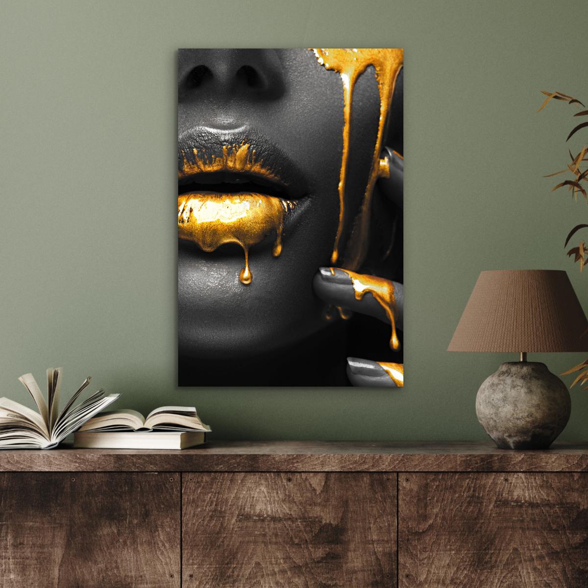 METALLBILD Frau - Schwarz - Gold - Gesicht - Lippen Deko Schlafzimmer 40x60 cm - Goldfarben, Metall (40/60cm) - MuchoWow