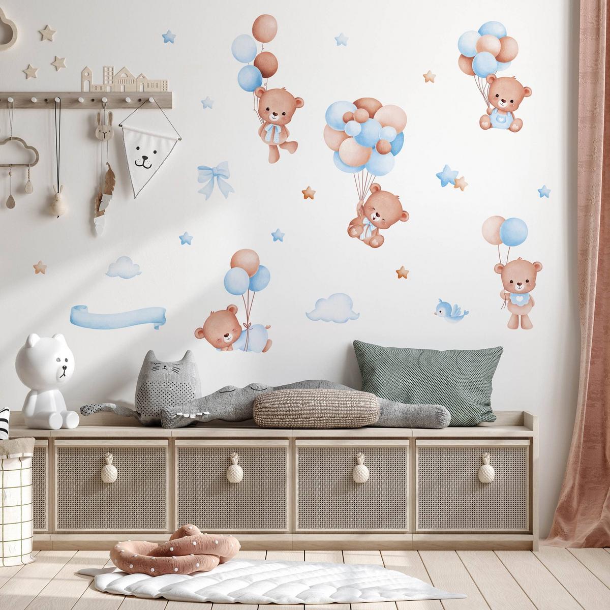WANDSTICKER Teddybären Ballons Sterne Wolken 120x60 - Beige/Braun, Papier (120/60/1cm) - Muralo