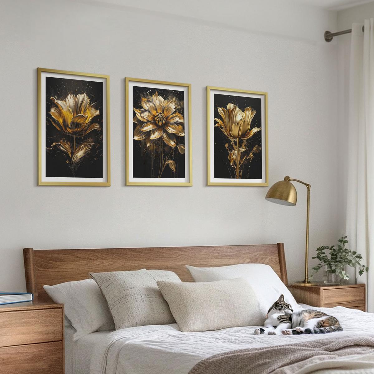 BILDER SET 3er Set - 40x60 cm Goldrahmen - Gelbe Blüten auf dunklem Hintergrund - Goldfarben, Kunststoff (40/60cm) - TULUP
