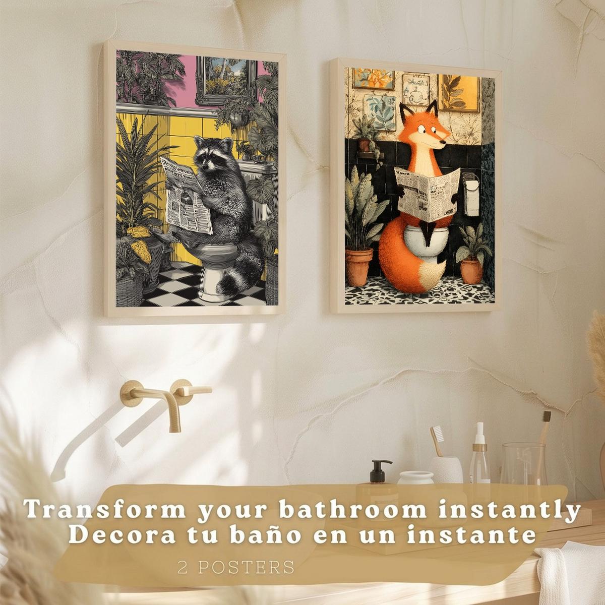POSTER 2er-Set dekorative Badezimmer-Kunstdrucke, künstlerische für Wand, Waschbecken, Toilette mit Tieren auf der Toilette, Vintage Rahmenlos A3 - Klar, Papier (42/29.7/3cm) - Nacnic