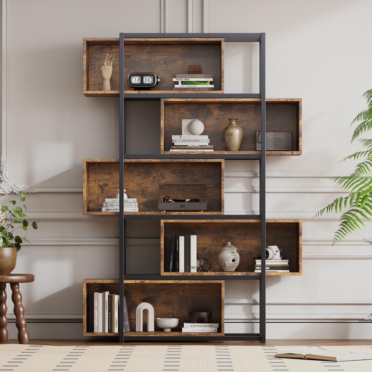 LEITERREGAL Industrielles Offenes Regalsystem mit 6 Fächern - Braun, Holzwerkstoff/Metall (121/176/35cm) - Urban Meuble