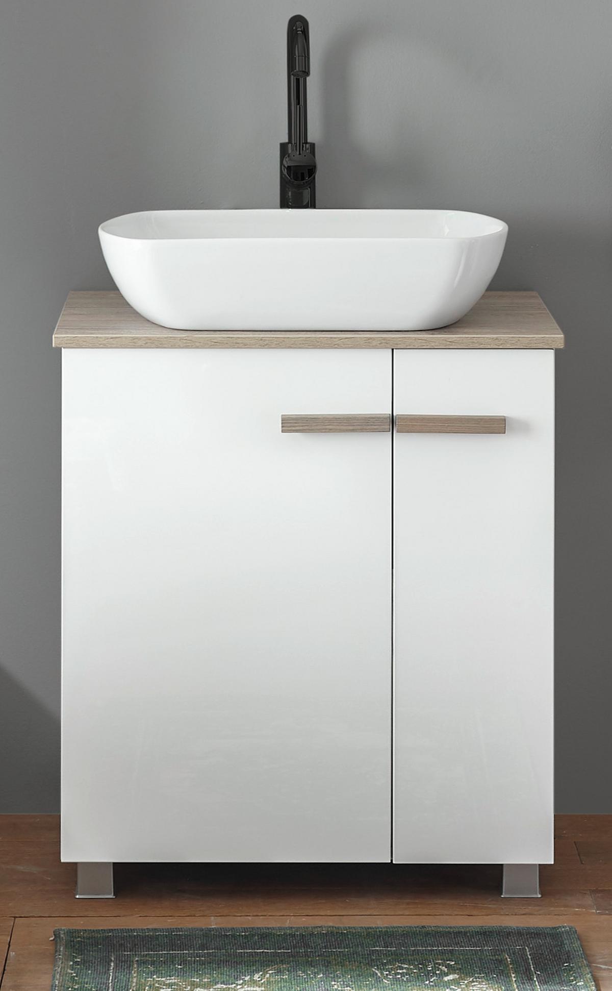 WASCHBECKENUNTERSCHRANK Weiß Hochglanz Lack, Eiche, Waschtisch Set inkl. Waschbecken - Weiß Hochglanz/Eichefarben, Holzwerkstoff (60/82/40cm) - Furn.Design