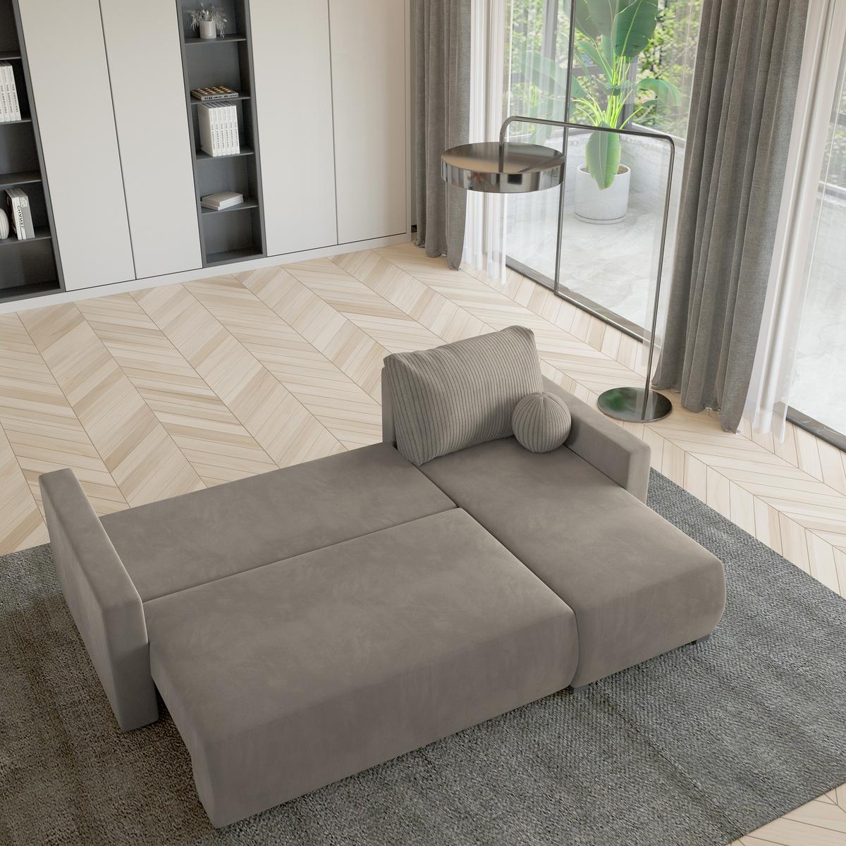 ECKSOFA SORGE Beige Plüsch-Stoff mit Schlaffunktion - Beige, Holz (220/143cm) - MASSENO
