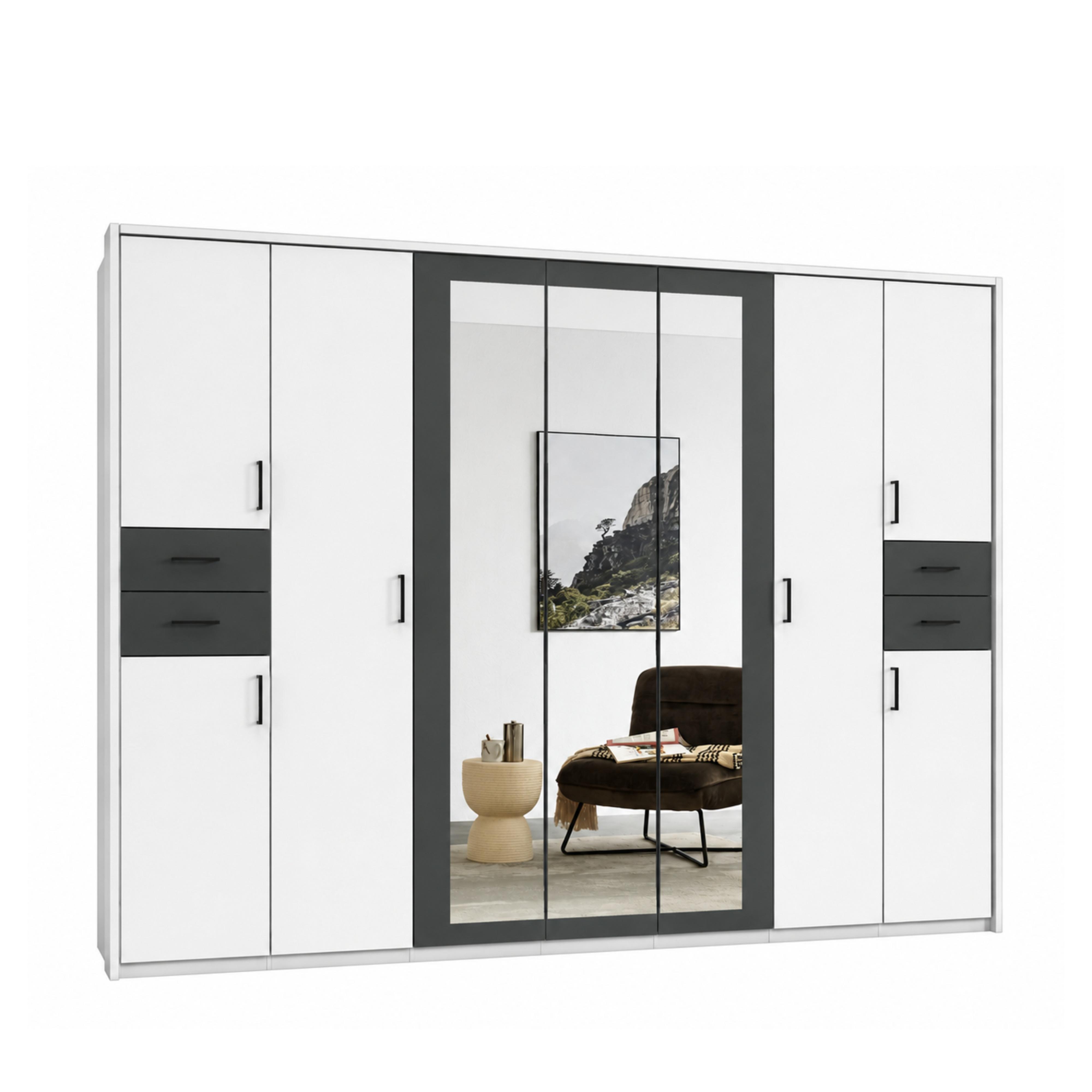 DREHTÜRENSCHRANK B313/H210/T58 cm, Weiß mit Absetzungen in Grafit, Kleiderschrank mit Passepartout&3Spiegeltüren&Schubkästen, Griffe schwarz / 22584 - Graphitfarben/Schwarz, Holzwerkstoff/Kunststoff (313/210/58cm) - luma-home