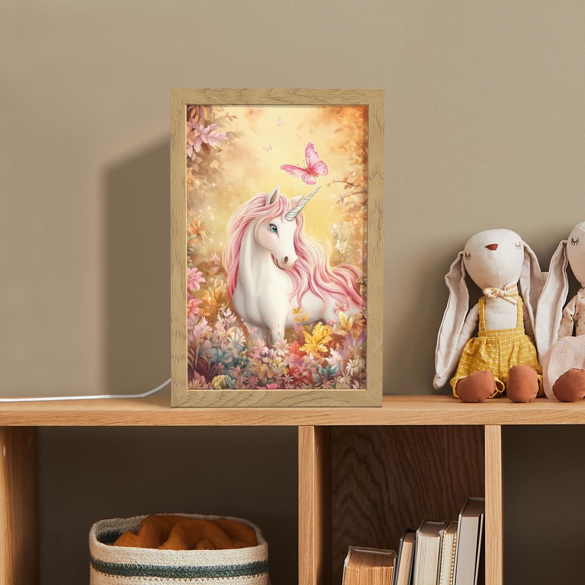 NACHTTISCHLAMPE Einhorn - Blumen - Schmetterling - Rosa 20x30 cm - Beige, Holzwerkstoff (8/20/30cm) - OnlyWow