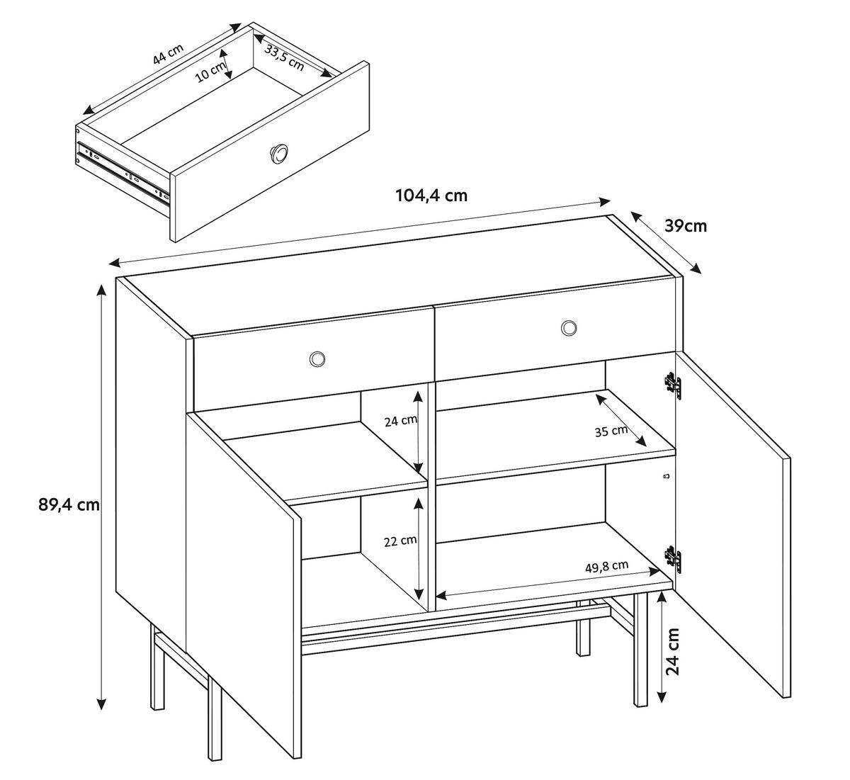 SIDEBOARD Dinley 2T 2S Schwarz, Braun 104,4/89,4/39 cm – mit langen Beinen und Lamellenfront - Schwarz/Braun, Holzwerkstoff/Metall (104.4/89.4/39cm) - AX Living