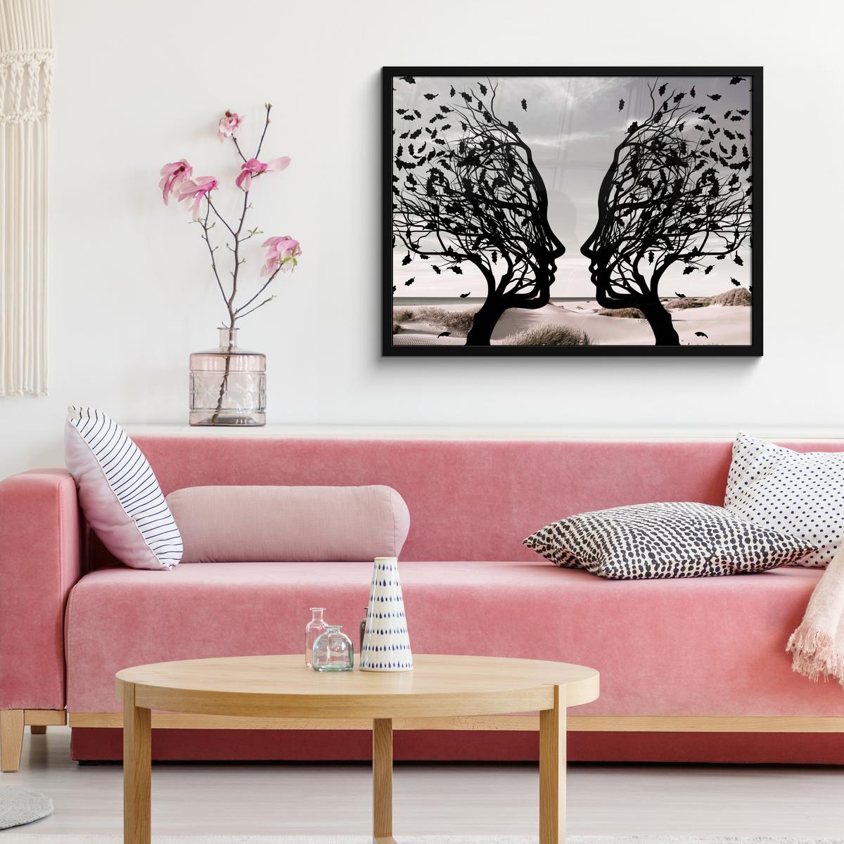 POSTER MIT RAHMENGERAHMTES BILD Strand - Meer - Menschen - Baum - Moderne Kunst 80x60 cm - Hellgrau, Papier (80/60cm) - MuchoWow