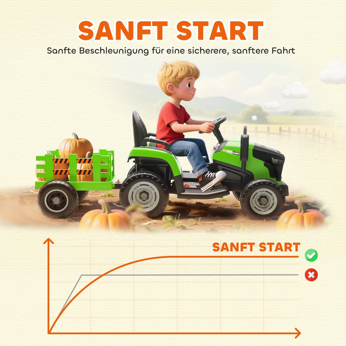 KINDER-ELEKTROTRAKTOR 3-Gang mit Anhänger, 2 Motor, für 3-8 Jahre, Grün - Grün, Metall (139/58/55cm) - AIYAPLAY