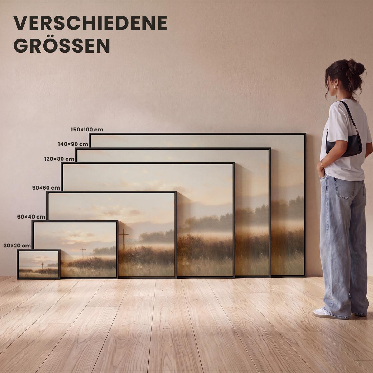 LEINWAND Bilder mit Rahmen - Gras - Morgennebel - Kreuz - Christentum - 120x80 - Beige, Textil (120/80cm) - MuchoWow