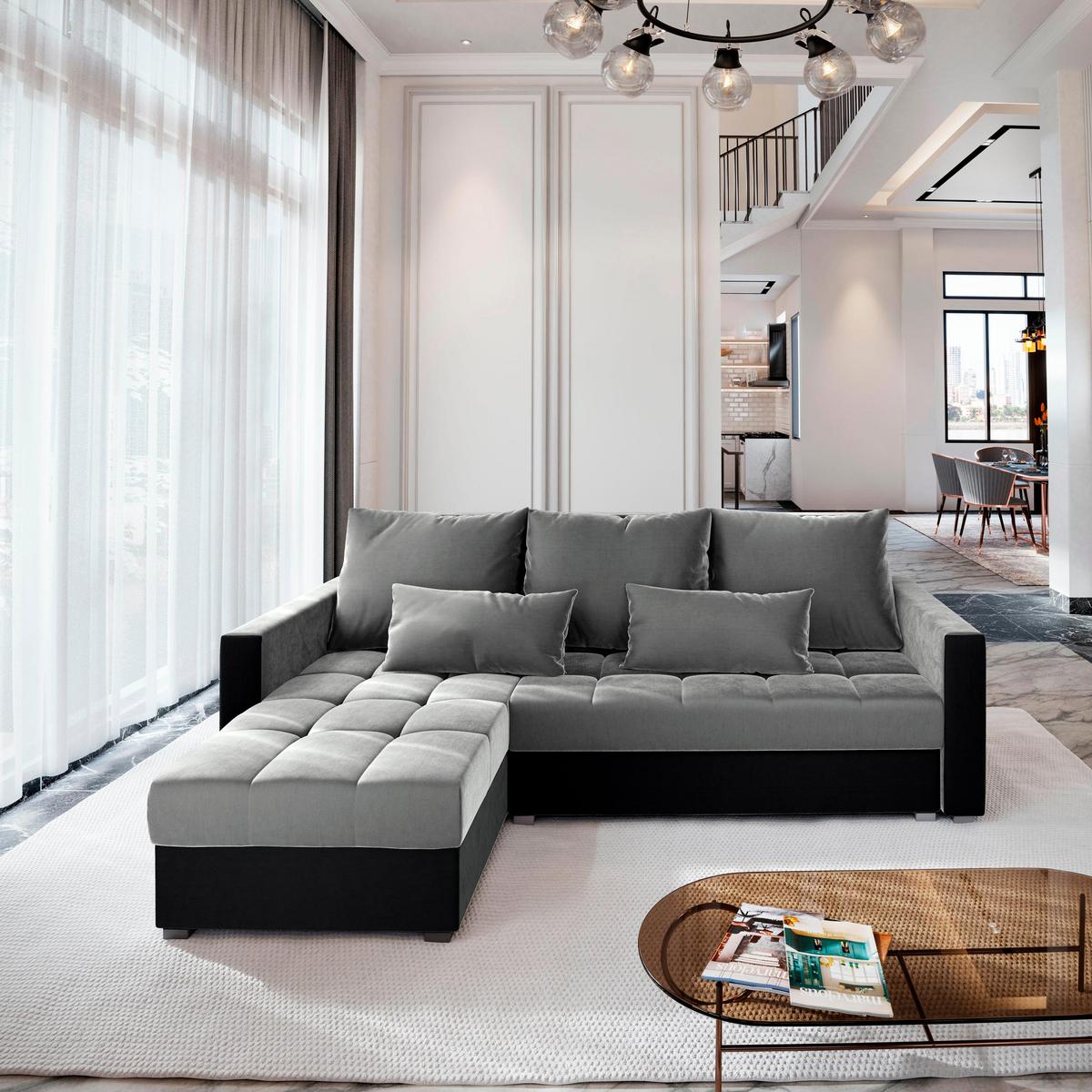 ECKSOFA KOS PIK Hellgrau Plüsch-Stoff mit Schlaffunktion - Anthrazit/Hellgrau, Holz/Kunststoff (220/140cm) - MASSENO