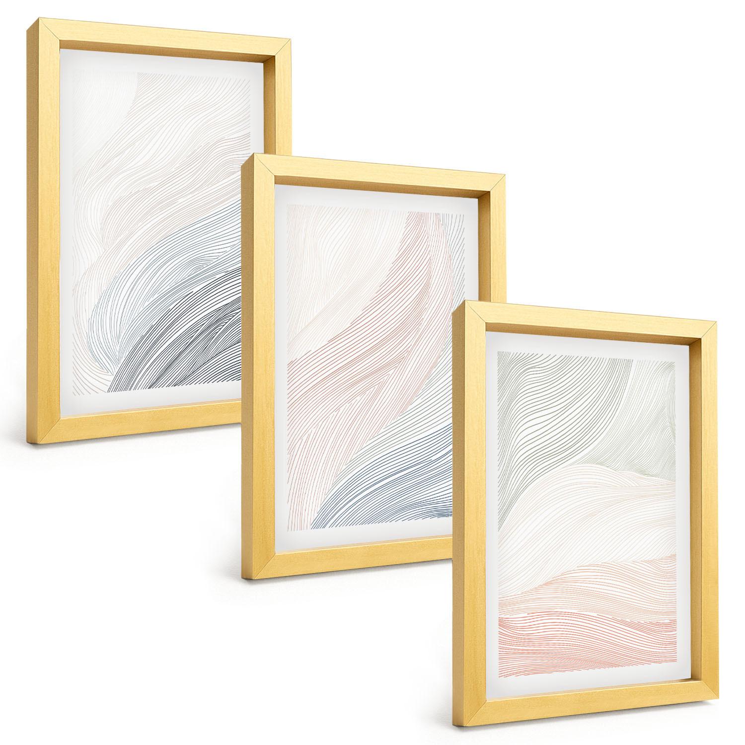 BILDER SET 3er Set - 20x30 cm Goldrahmen - Abstrakte Wellen, Karton, Pastell - Goldfarben, Kunststoff (20/30cm) - TULUP