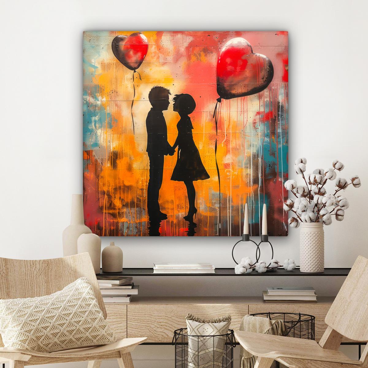 LEINWANDBILD Straßenkunst - Liebe - Graffiti - Kunst - Banksy Deko Groß 90x90 cm - Orange, Textil (90/90cm) - MuchoWow