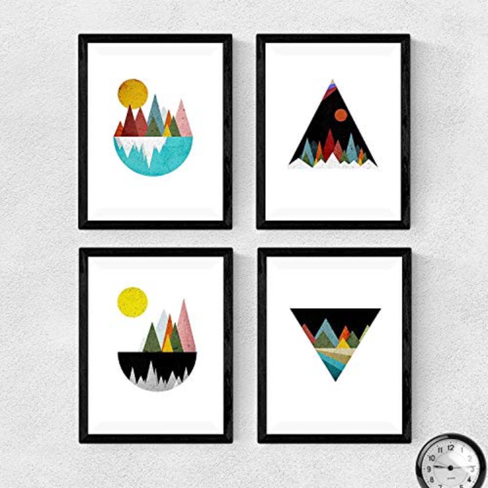 POSTER Set mit 4 bunten Berg im Rot und Blautönen A4 Schwarzer Rahmen - Schwarz, Papier (29.7/3cm) - Nacnic