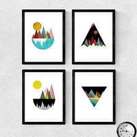 POSTER Set mit 4 bunten Berg im Rot und Blautönen A4 Schwarzer Rahmen - Schwarz, Papier (29.7/3cm) - Nacnic