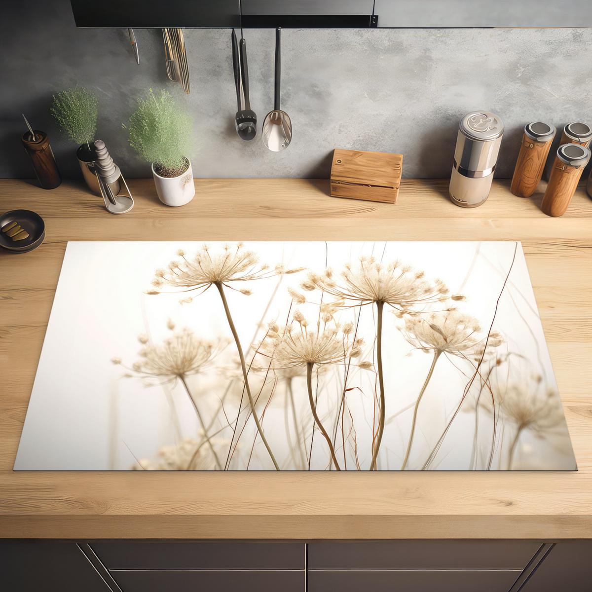 HERDABDECKPLATTE Blumen - Weiß - Sonnenlicht Induktionsschutz 89.6x51.6 cm - Ecru, Kunststoff (89.6/51.6/0.2cm) - MuchoWow