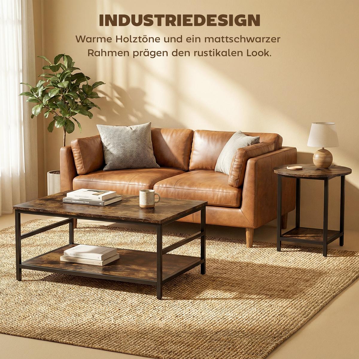 COUCHTISCH 2er Set Stahl Holzwerkstoff Rustikal-Braun - Schwarz/Braun, Holzwerkstoff (80/54/41cm) - HOMCOM