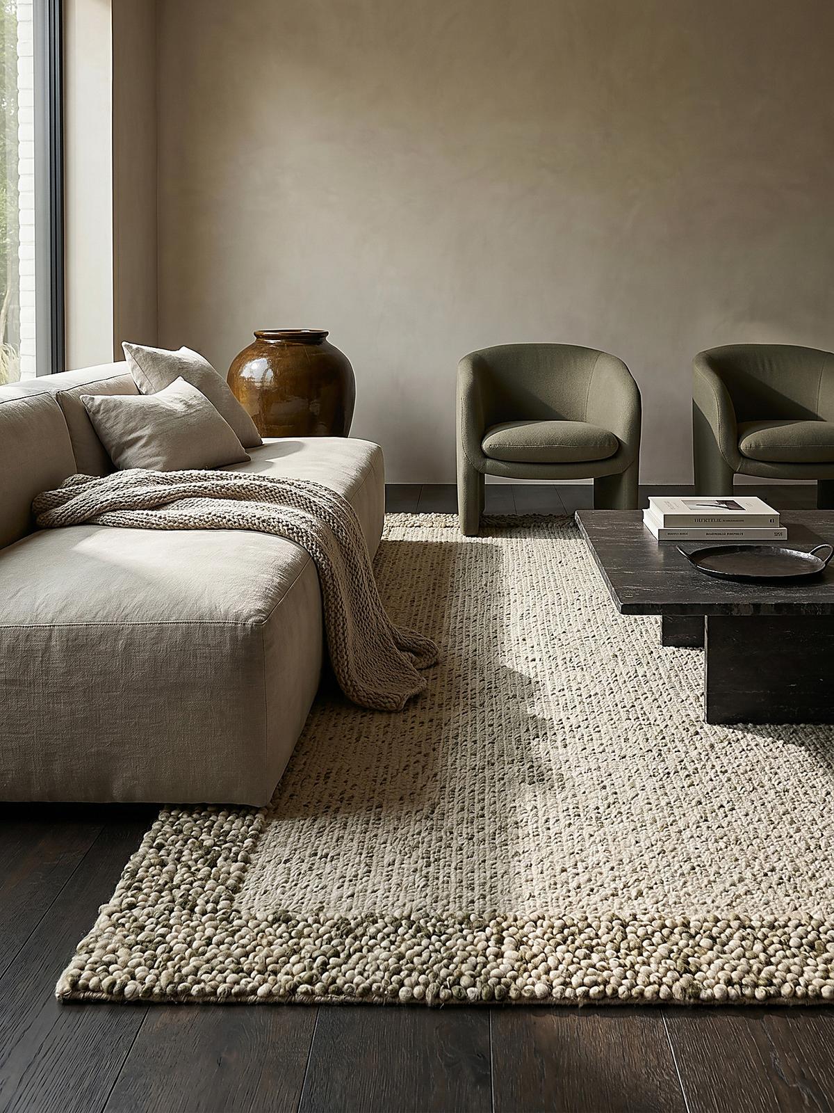 WOLLTEPPICH MOAT, mit Bordüre, Grün-Natur, 80 x 150 cm - Grün, Textil (80/150cm) - KADIMA DESIGN